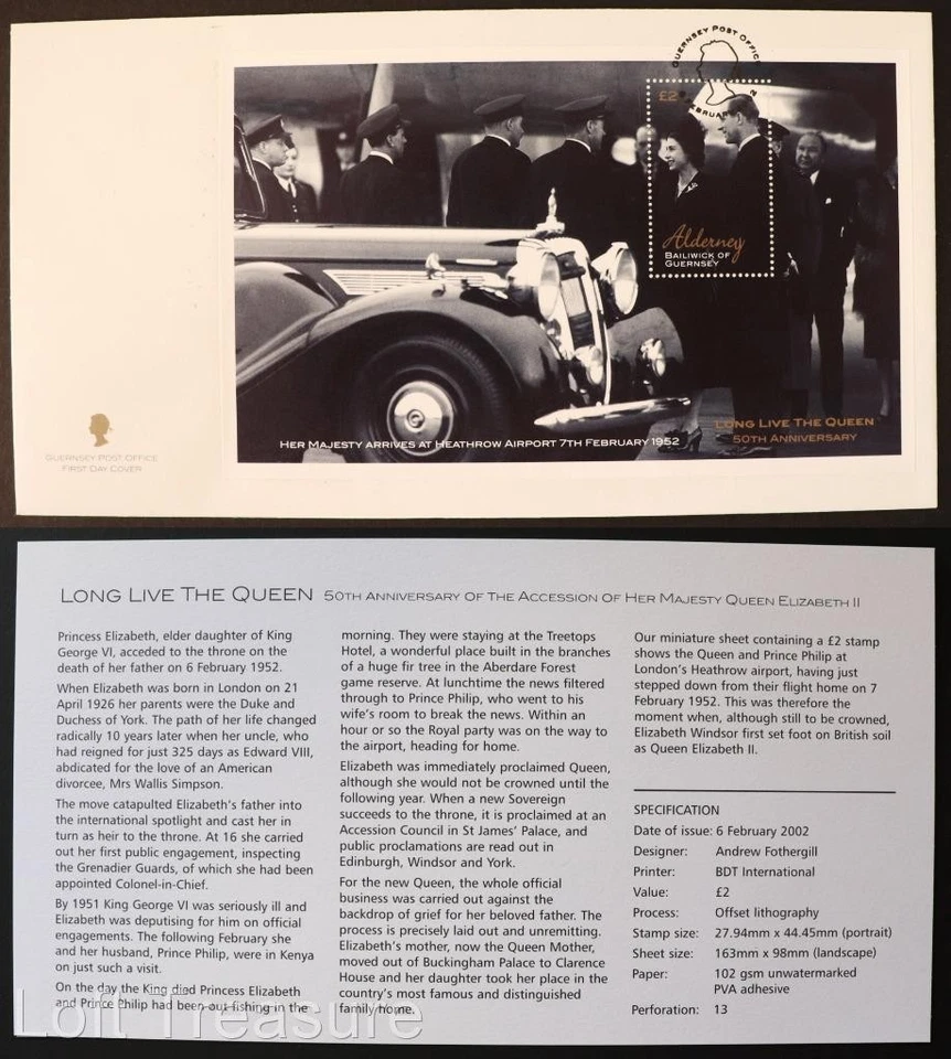 Alderney Stamps: "Golden Jubilee - Queen Elizabeth II" £2 M/S FDC 2002 - Image 2 of 3