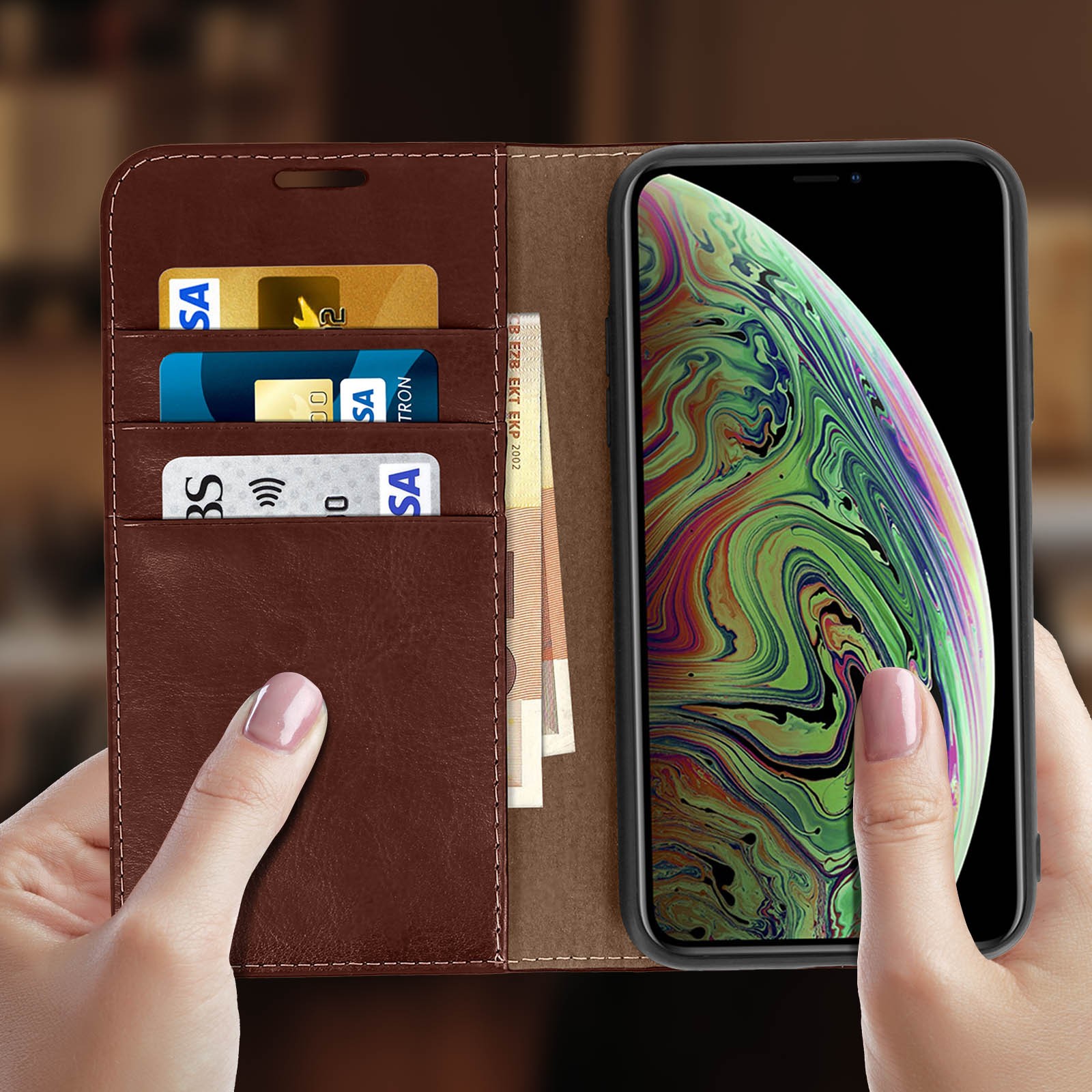 Coque Folio Cuir Véritable iPhone XS Max Marron - Élégance Durable