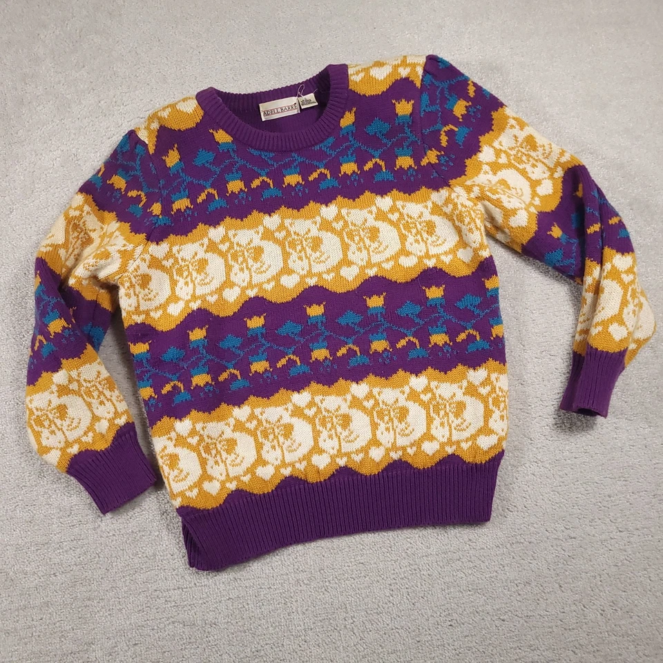 Suéter feminino vintage Adell Barre estampa de gato grande gola redonda malha pulôver anos 90 - Imagem 2 de 4