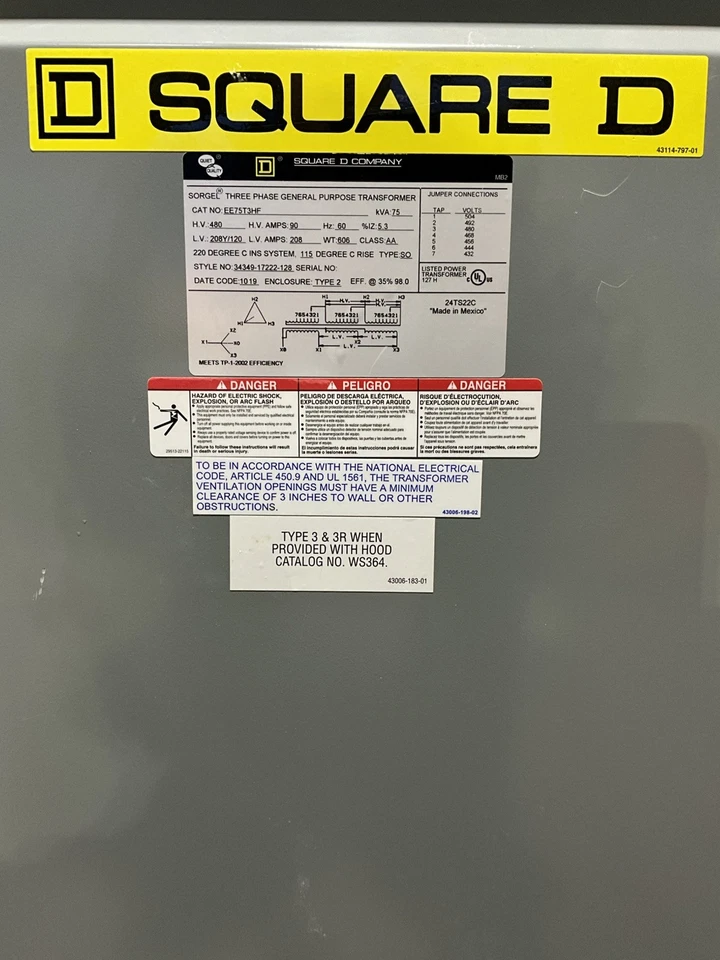 Transformador Square D 75kVA 480V 208Y/120 60Hz 3PH EE75T3HF 🟦 Foto 4 de 4