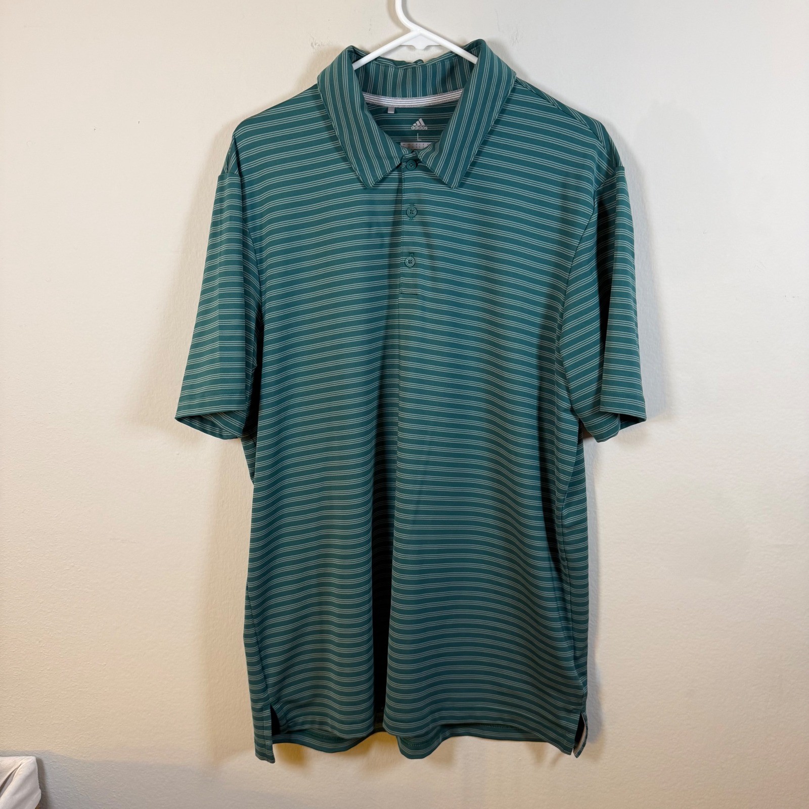 Adidas Golf Mens Large Teal Striped Short Sleeve Performance Polo Shirt