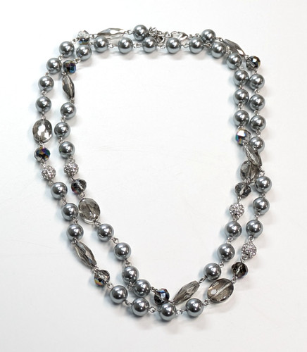 Charter Club Gray/Blue Faux Pearl Crystal Rhinestone Beaded Silver 46" Necklace