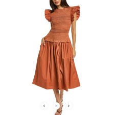 ULLA JOHNSON Madeline Smocked Midi Dress Size 0 Orange Clay Flutter Sleeve NWOT