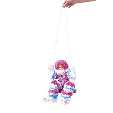 Vintage Handmade Yarn Clown Doll on Wooden Swing - Pink Blue White Slat Rope