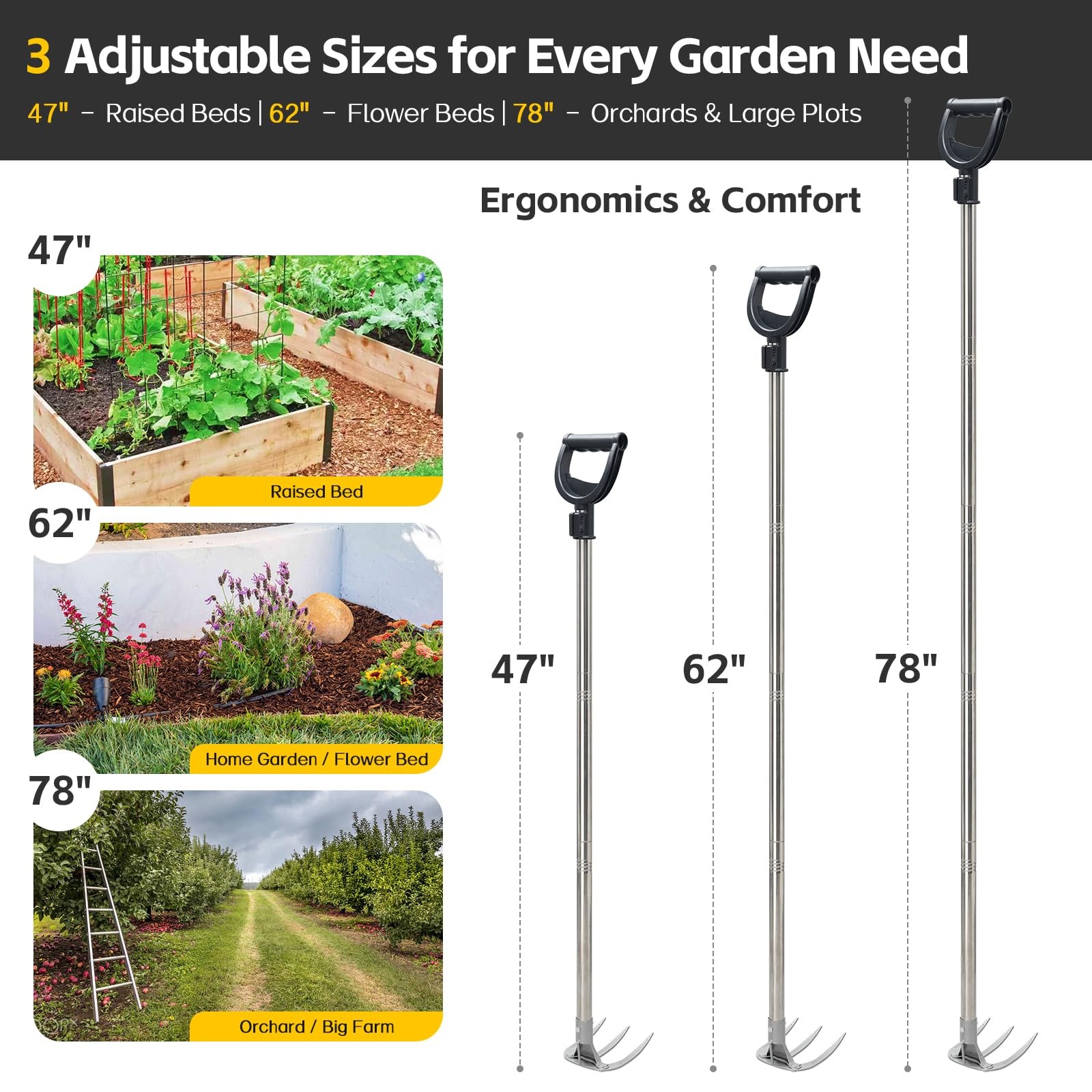 Potato Hand Rake Garden Tool - 47" Long Handle Cultivator Weeding Siver 