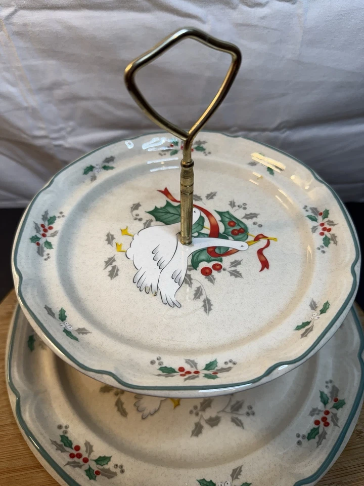 Vintage goose Christmas international table works tray Tidbit Tray two Level - Image 3 of 4