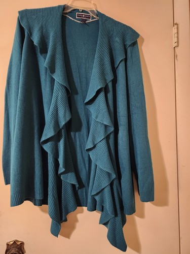 Karen Scott Women's Plus 2X Teal Solid Knit Ruffle Open Front Cardigan Sweater