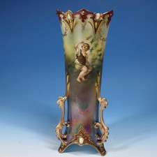 Unmarked RS Prussia China - Portrait Melon Eater Jeweled Footed Vase - 9 inches