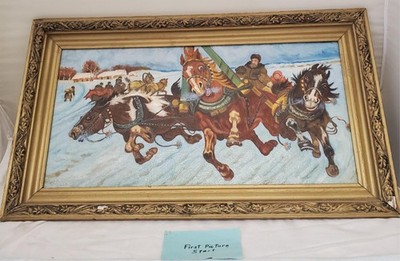 Vintage Winter Horse Sleigh Painting in Ornate Gold Frame