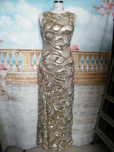 Evening Dress 12 Gold Sequin Quiz Ballgown Stretch Prom Stunning Deco Wave Maxi - Picture 1 of 5