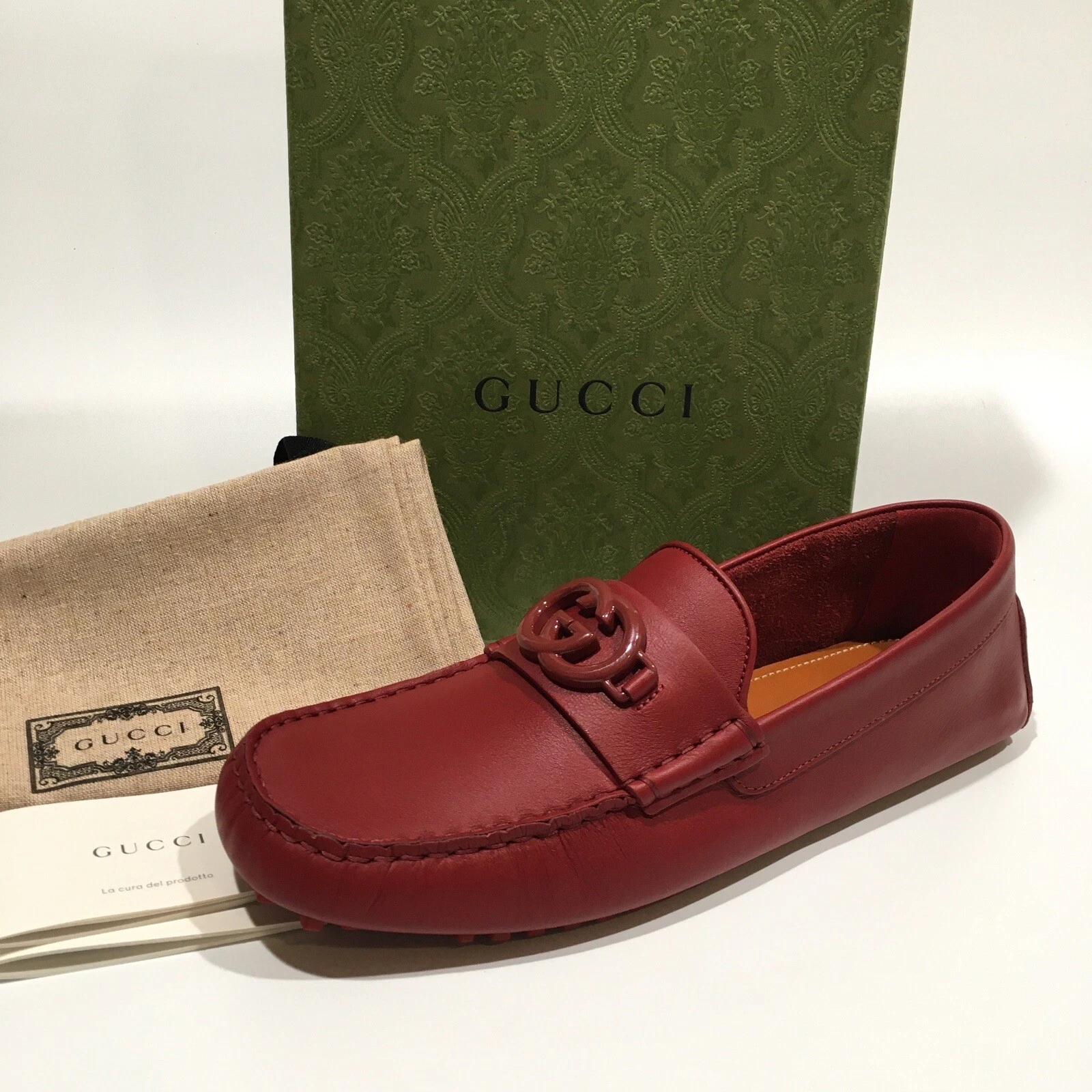 MOCASSINS DE CONDUITE GUCCI IMBRIQUÉS G   CUIR DE VEAU ROUGE   HOMMES US 9   NEUF