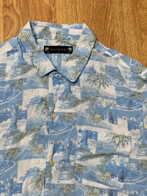 All Saints Shirt Mens Large Blue Hawaiian Floral Viscose Sayonara Loop Collar