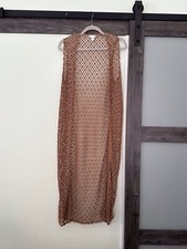 Stylish Chico  s Valerie Crochet Long Taupe Boho Open Vest Size 0 s/m 