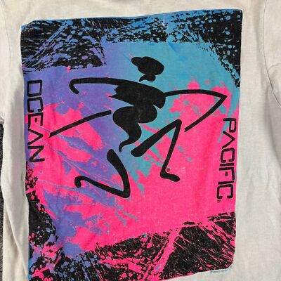 Vtg 90's Ocean Pacific Surf T-Shirt Single Stitch Gray Multicolor