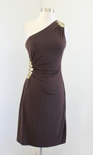 Calvin Klein Brown Gold Sequin One Shoulder Ruched Cocktail Party Dress Size 4
