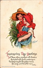 Francis Brundage Thanksgiving Postcard Whittier Poem Children with Apples & Corn