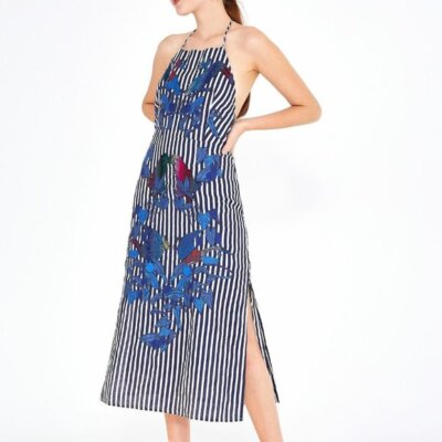 chinese dress ladies Off-White Stitched Garden Euroflax Premium Linen Midi Dress
