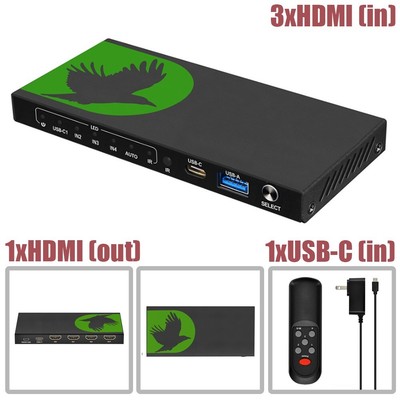 3in1out 4K 60Hz HDMI Switch Switcher USB-C Audio Extractor 18Gb HDR HDCP 2.2
