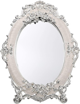JUXYES Small Tabletop Dressing Mirror Vintage Metal Desktop Mirror with Stand, A
