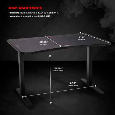 RESPAWN 1048 Scrivania Da Gaming 122 Cm Con Tappetino Mouse Integrato: Gestione Cavi, Struttura A T, Postazione Da Gioco O Ufficio, Colore Nero