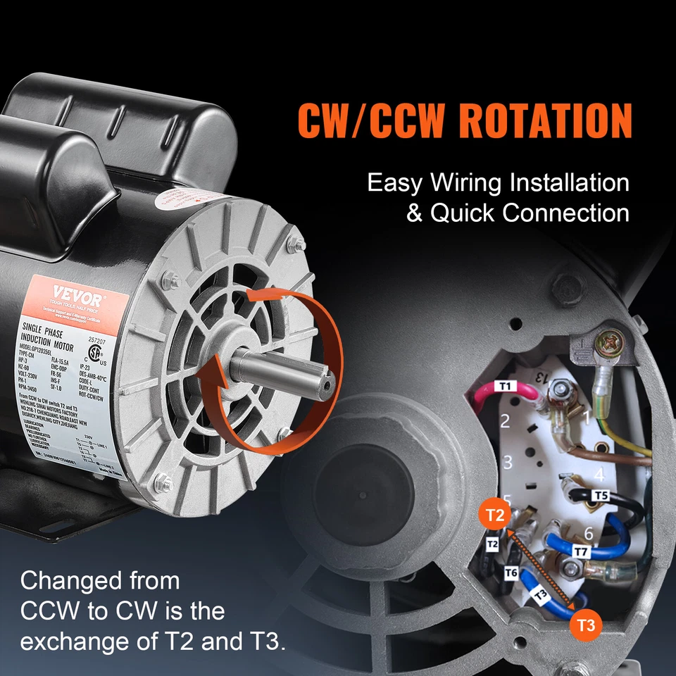 Uimoso 3HP Air Compressor Electric Motor 230V 3450RPM 56 Frame CW/CCW Rotation - Image 4 of 4