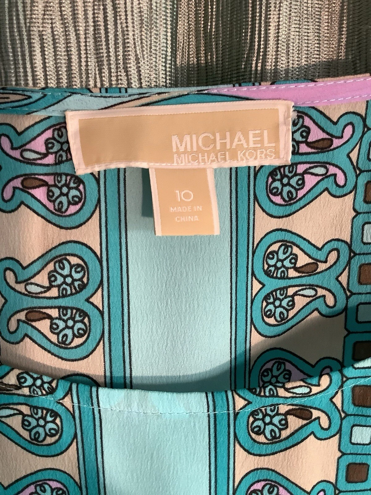 Abito da festa Michael Kors MK Paisley floreale blu turchese taglia 10 elastico in vita