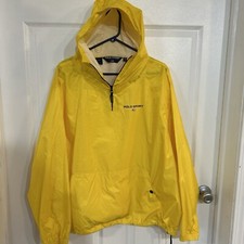 Polo Sport Men  s L Hooded Yellow Rain Jacket Nylon 1/4 Zip Hooded Pockets Light