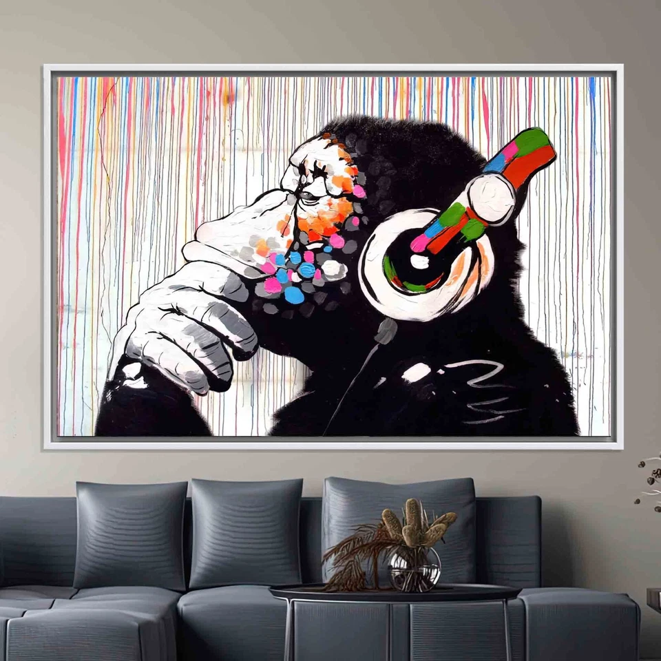 Banksy DJ Monkey, colorido arte de pared en lienzo chimpancé, Banksy Thinking Monkey, Painti Foto 2 de 4