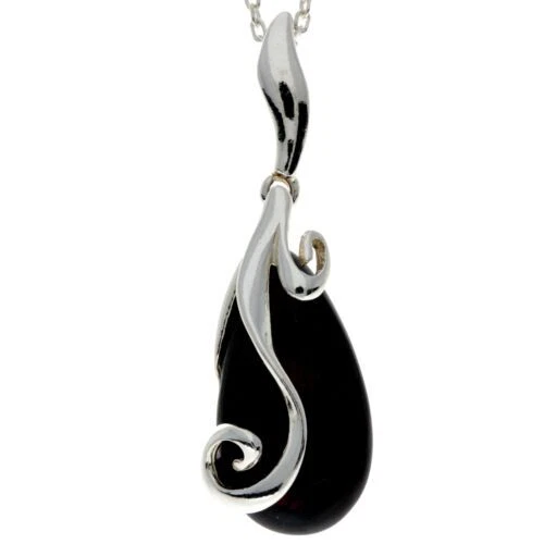 925 Argento Sterling & Ambra Baltica Moderno Ciondolo Design - GL2022 - Immagine 2 di 4