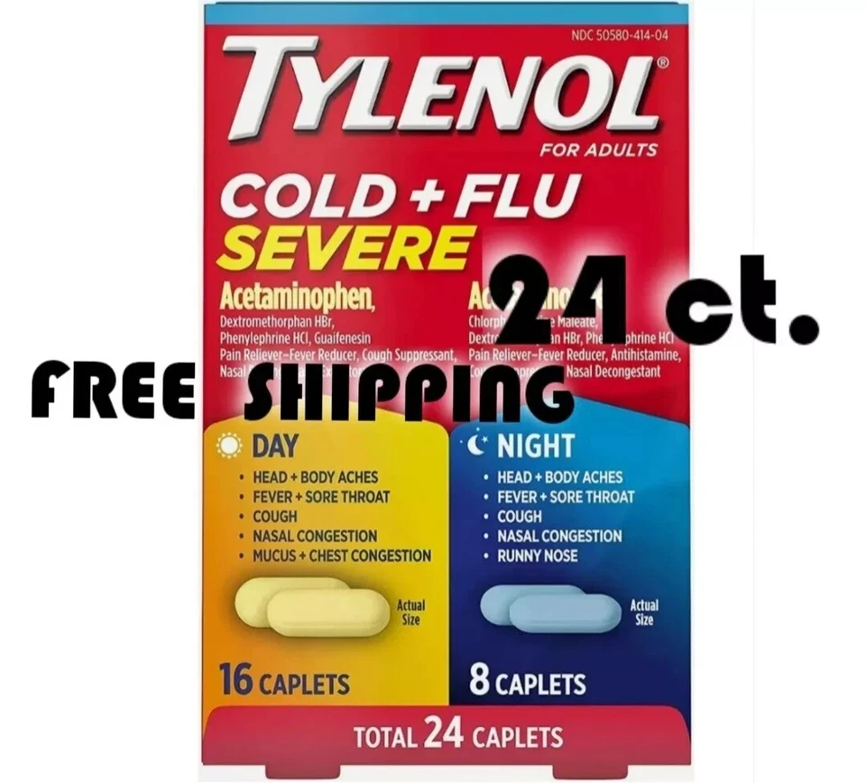 (Paquete de 2) TYLENOL Resfriado y Gripe Severo Día/Noche Comprimidos 24 unidades ~ Exp 12/2025 Foto 4 de 4
