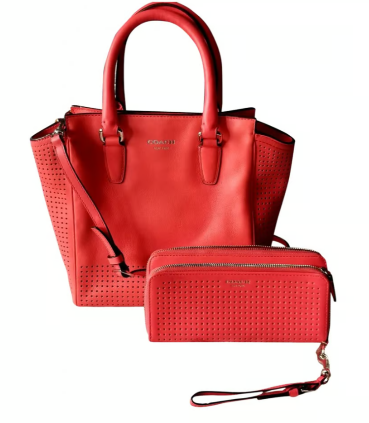 Coach Red Perforated Small Leather Crossbody & Matching Wallet 2pc