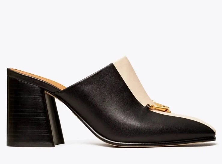 TORY BURCH MULO EQUESTRE MAGLIE 80 MM POMPA PELLE NERO DULCE DE LECHE TAGLIA US 7 5