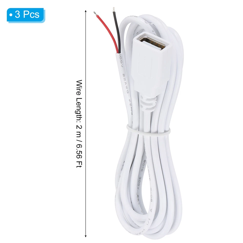 6.56Ft USB Female to 2 Pin Bare Wire Pigtail Cable, 3pcs 22AWG Power Cords White - Image 2 of 4