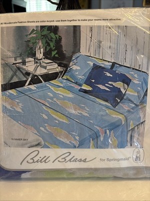 Vintage Springmaid Bill Blass Summer Sky Print Twin Fitted Sheet NIP USA 39x76