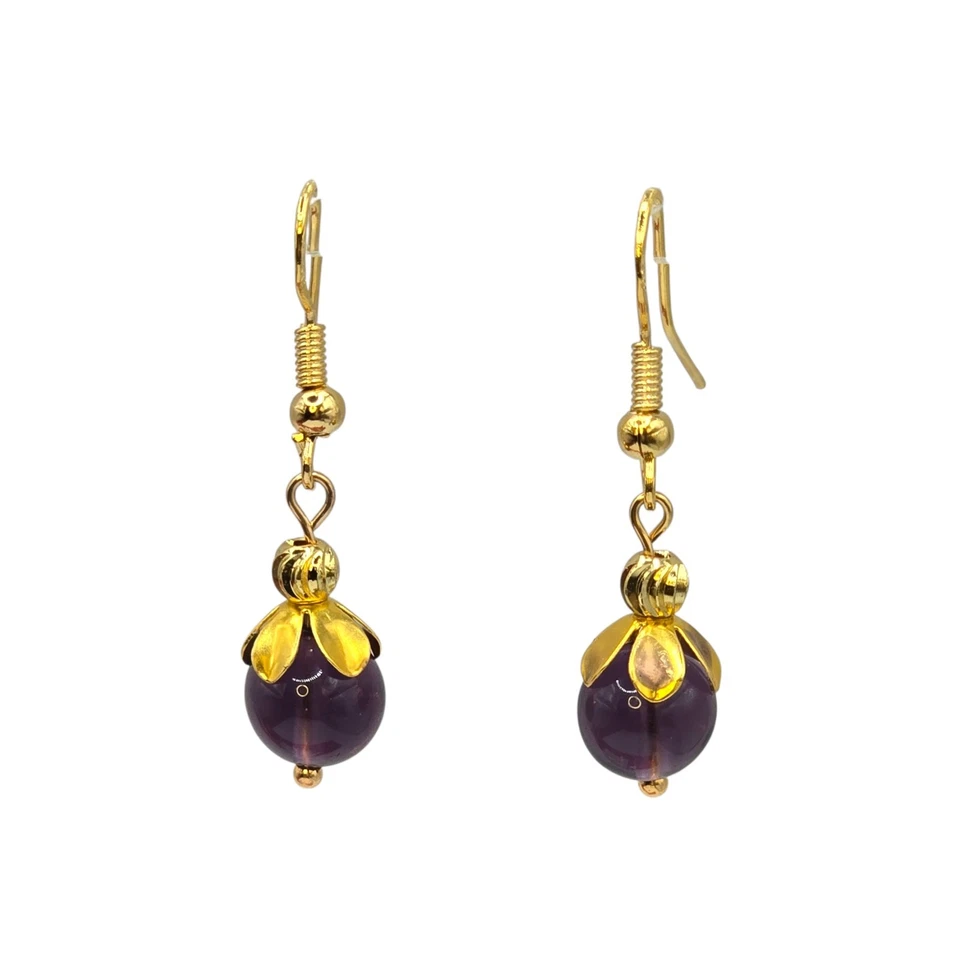 Amethyst Pierced Earrings Bead Dangle Drop Gold Tone 8mm Purple SKU 2807 - Image 4 of 4