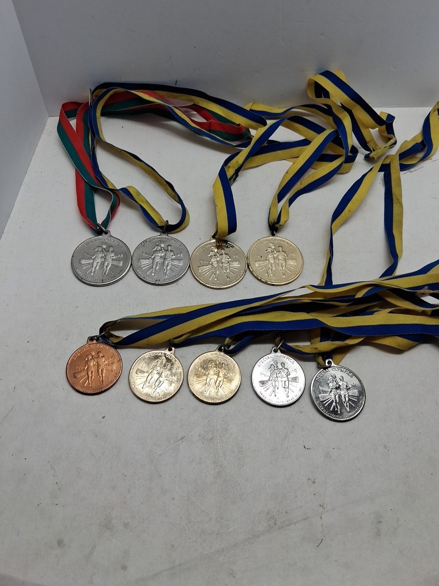 Lot Of Nine Vintage Special Olympics Medals Ribbons Gold Silver
