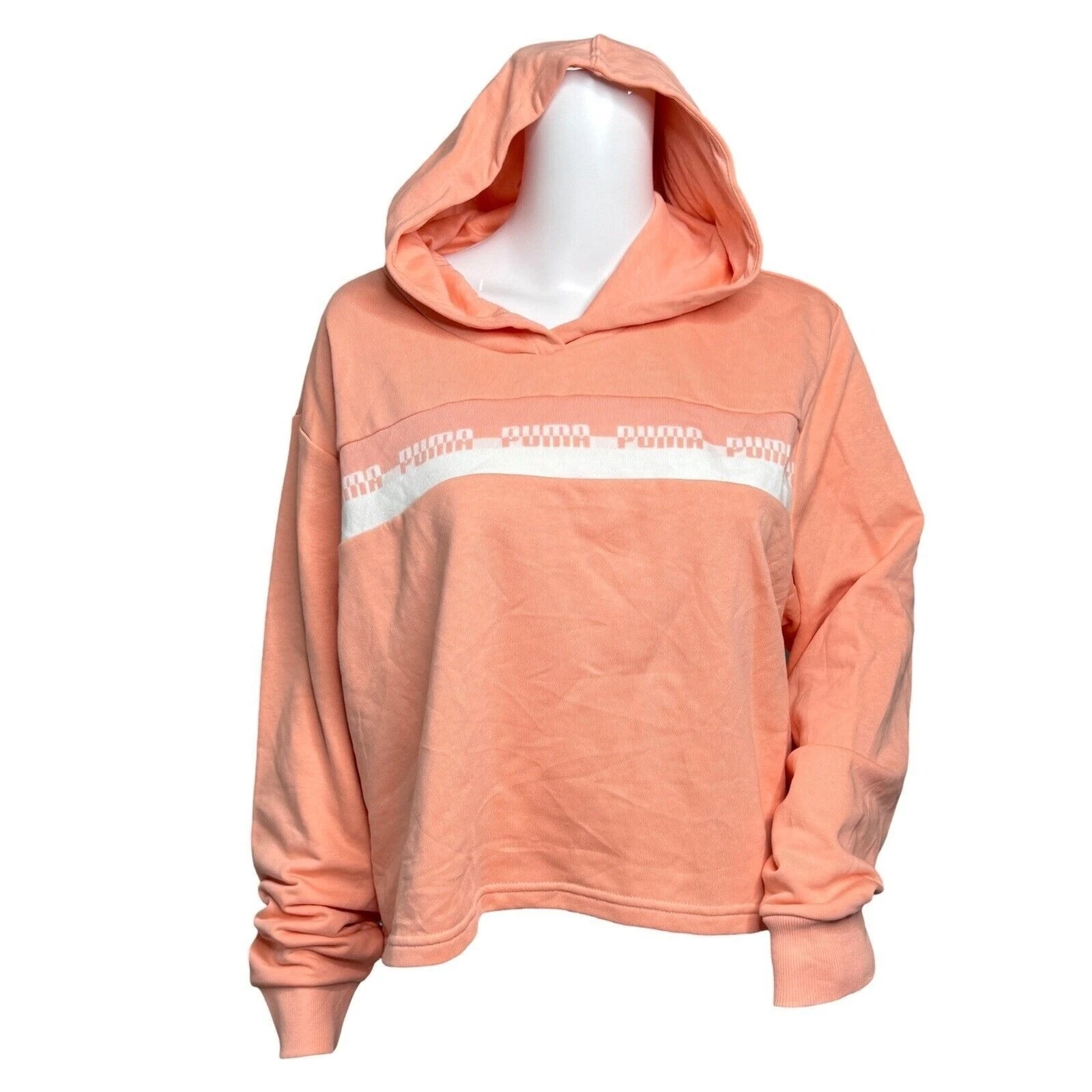 Puma Amplified Cropped Hoodie Apricot Blush Logo Relaxed Fit Pullover Sweater L