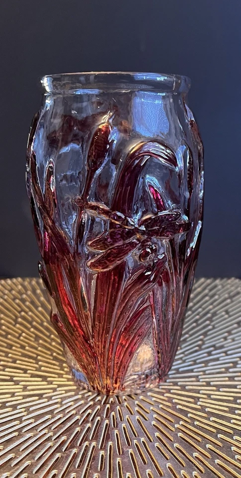 VTG Phoenix Consolidated Glass Dragonfly Ruby Stain 6” Tall Glass Vase - Image 3 of 4