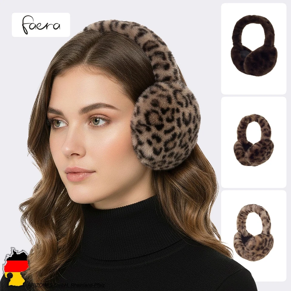 FAERA Ohrenschützer Damen Winter Accessoire Kunstfell Leo-Print Flauschig Faltba