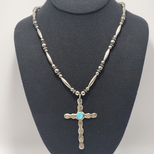 Vintage Navajo Turquoise Cross Sterling Silver 925 Bead Ball Necklace Stamped - Picture 2 of 16