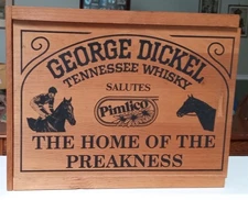 RARE GEORGE DICKEL WHISKY HORSE RACING THEME WOOD BOX - PREAKNESS - PIMLICO