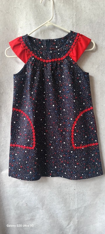 Girls Size 7-8 Blue Dress Red White Blue Stars Inseam Pockets Red Floral Trim