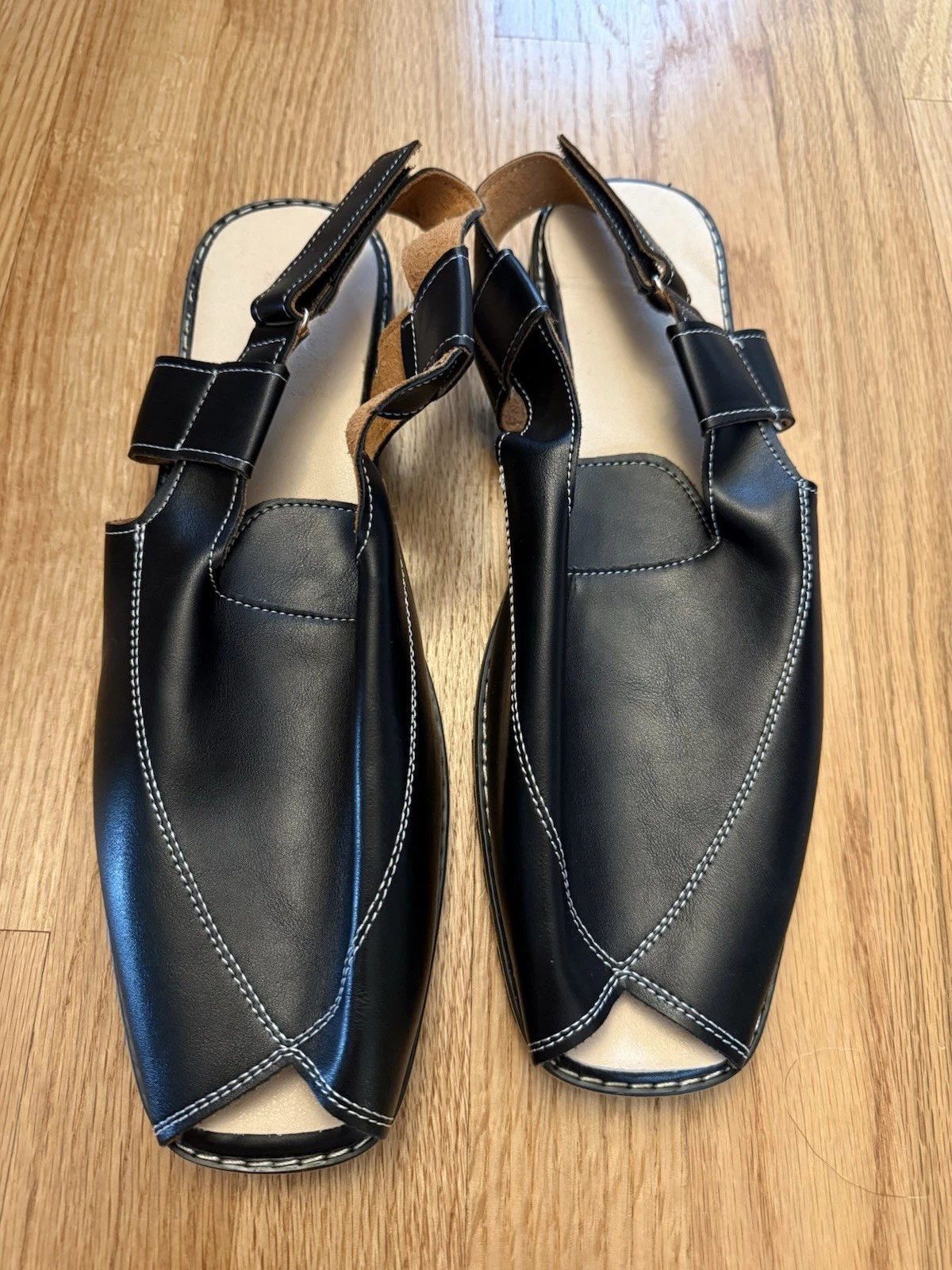 New Handmade Black Leather Cowhide Sandals Size 46 (US 13)