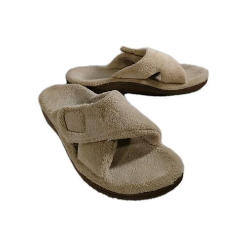 Vionic Relax Tan Womens Orthotic Support Slippers Size 10 Adjustable Strap Plush