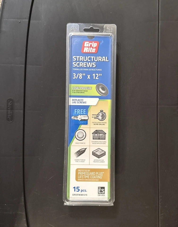 Tornillos estructurales Grip-Rite 3/8" x 12" 15 piezas con broca T40 Foto 2 de 2