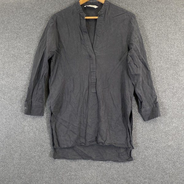 Zara Top Womens XS Grey Linen Tunic Long Sleeve V Neck Side Split Blouse