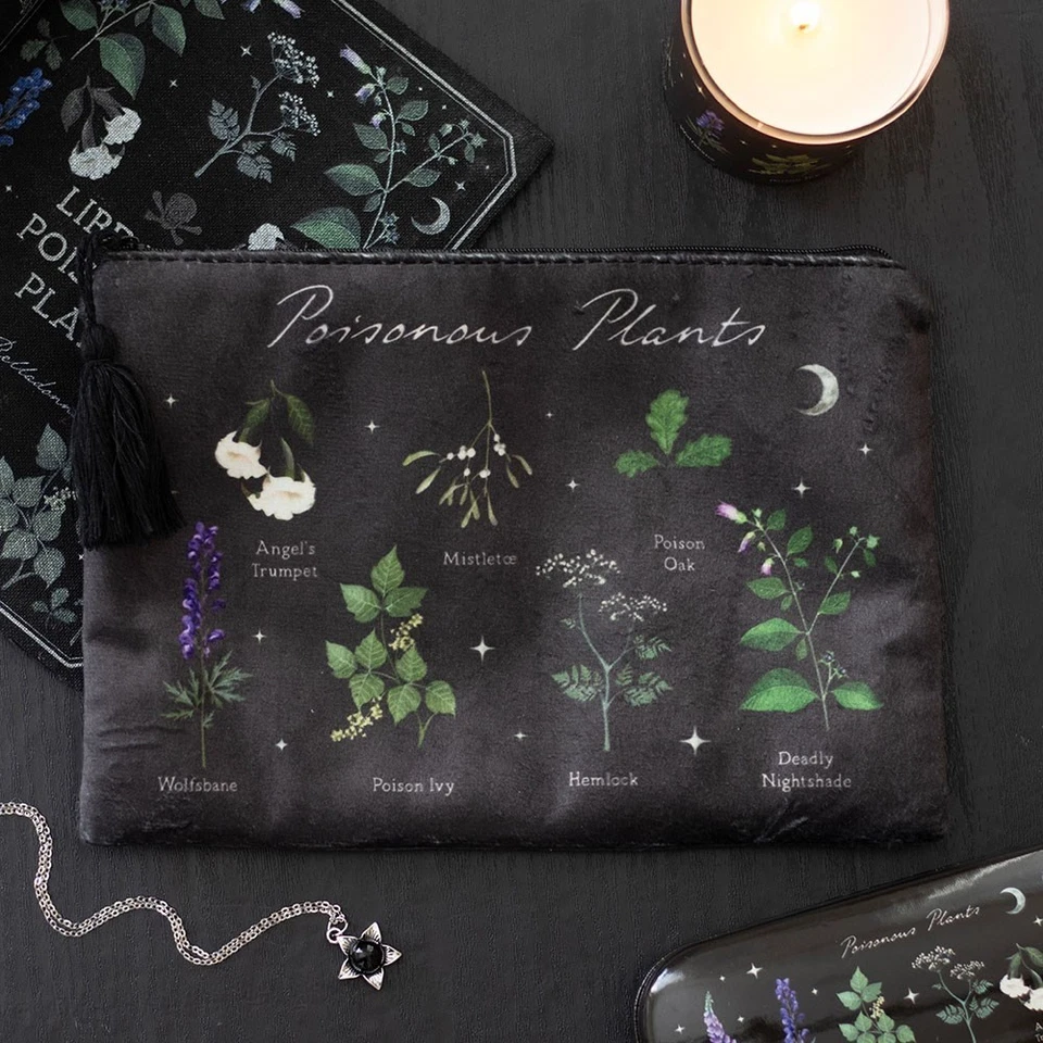 SOMETHING DIFFERENT Venom & Vine Poisonous Plants Design Schwarz Samt Gothic Gefüttert Kosmetiktasche