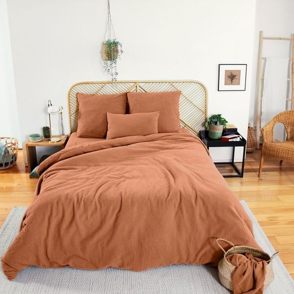 Parure de lit 220x240 gaze de coton caramel pour lit 2 places double adulte chic