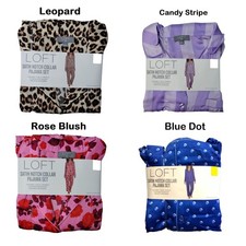 LOFT Women's Button Down Elastic Waistband Satin Notch Collar Pajama Set