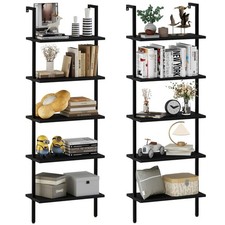 Ladder Shelf 2PCS Open Bookshelf 5-Tier Wood Wall-Mounted Black Bookcase Stor...